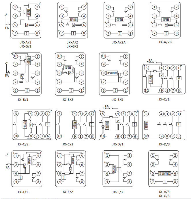 JX-D/3靜態信號繼電器內部接線及外引接線圖（正視圖）